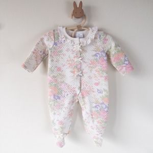 Laura Ashley Baby Floral Quilted Footed Romper Ruffle Collar Bows Baby 3-6M